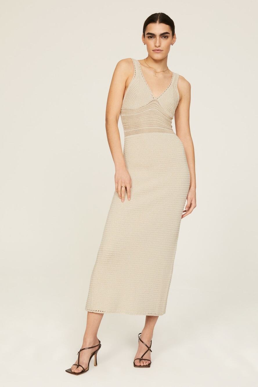 RONNY KOBO Beige Knit Crochet V-Neck Open Back Bodycon Midi Dress Size Small